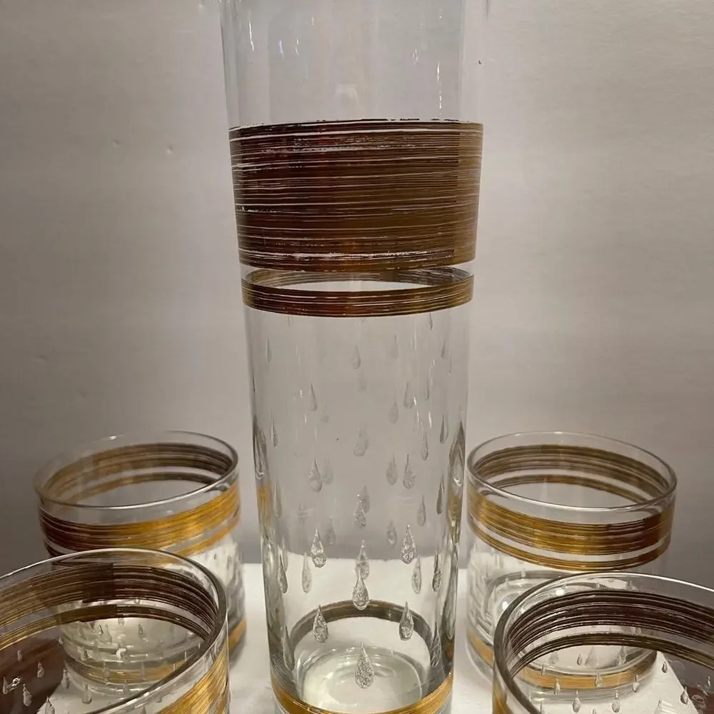 Vtg Cera Glass DewDrop 22kt pitcher + lowball glasses x4 RARE FIND cocktail set